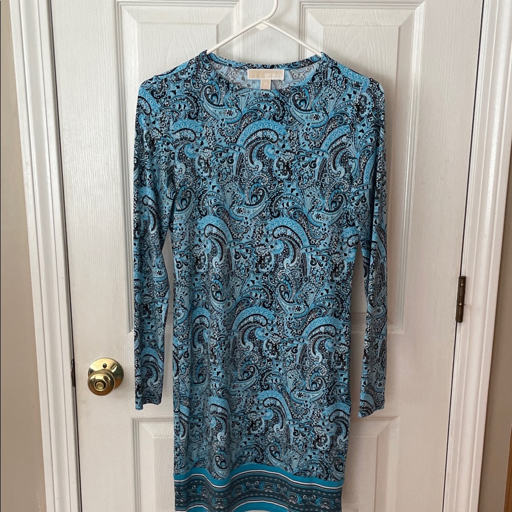 Michael Kors Blue Paisley Long-Sleeve Midi Dress